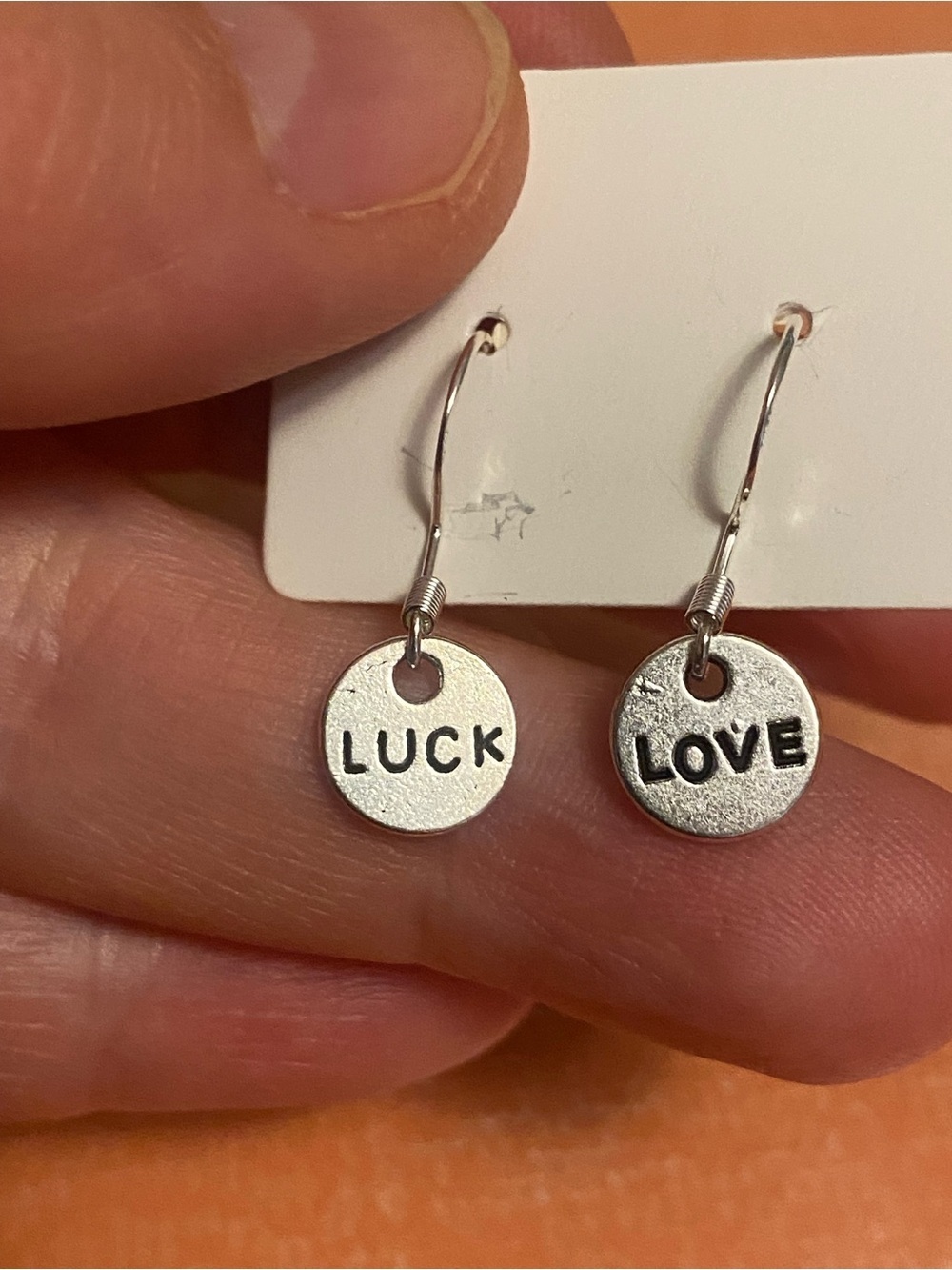 Silver 'Love' & 'Luck' Round Charm Drop Earrings